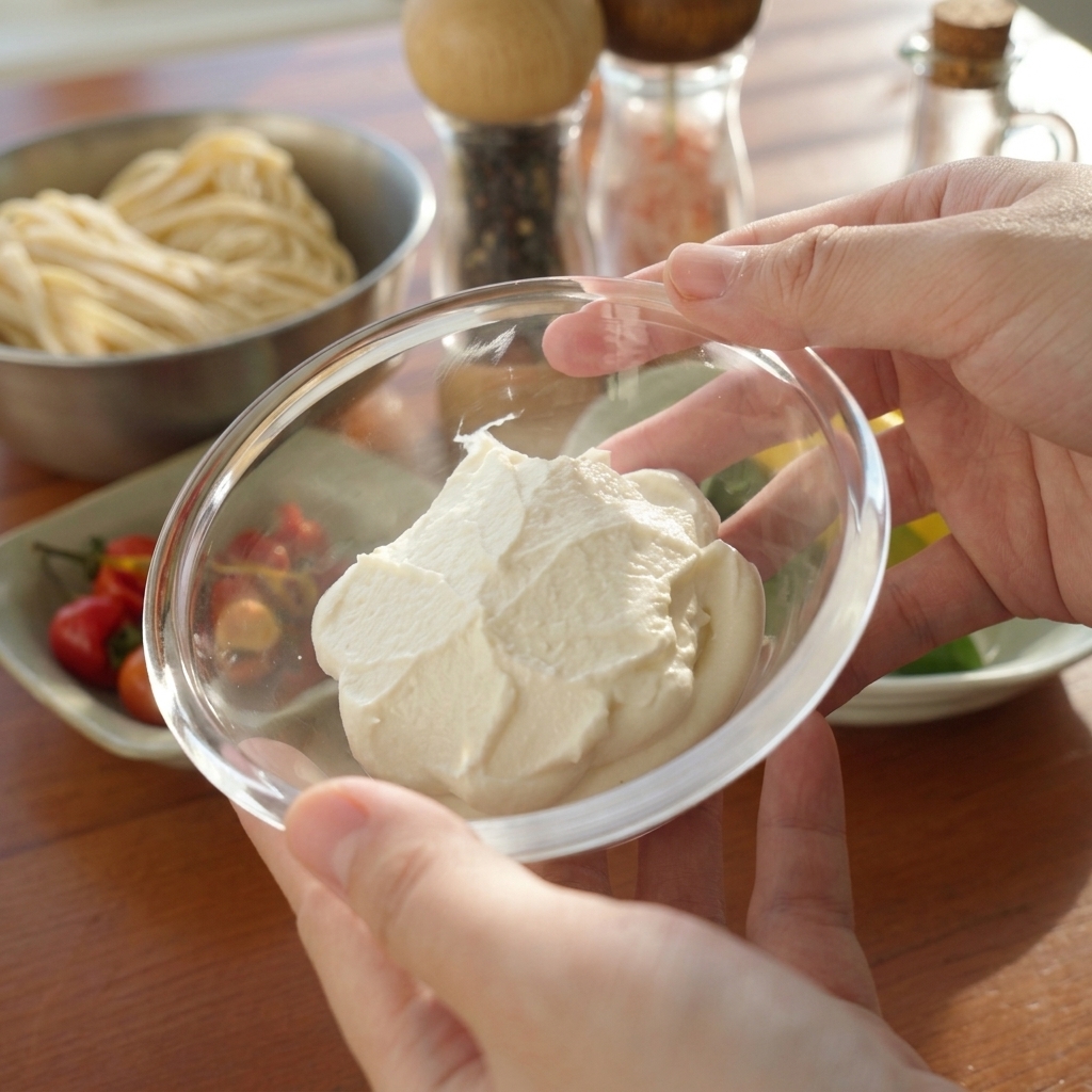 A pair of hands holding up a small glass bowl filled with thick, creamy white ricotta cheese.