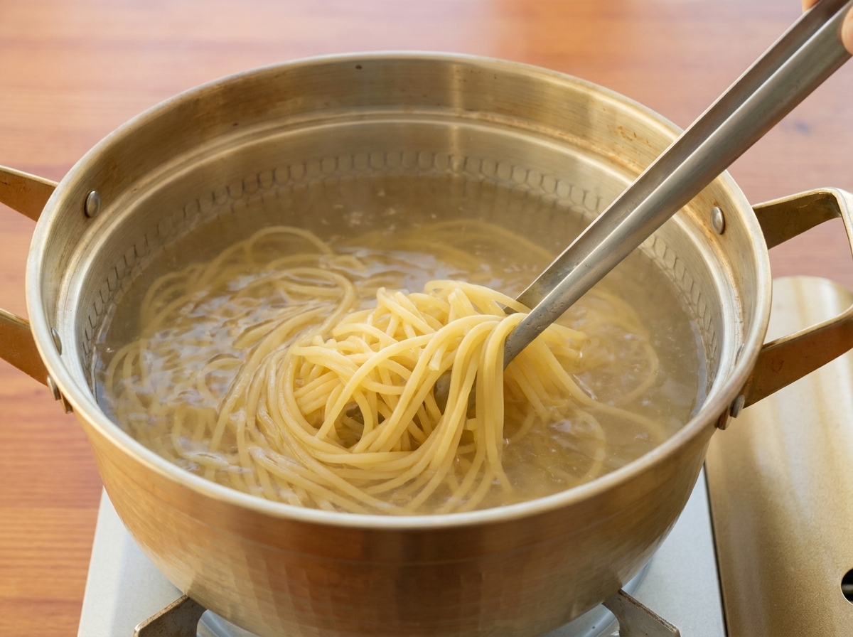 Long strands of spaghetti boiling vigorously in a stainless steel pot, being lifted and stirred by metal tongs.