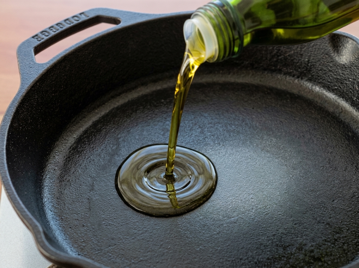 A stream of yellow olive oil being poured from a glass bottle into a dry, black cast-iron skillet.