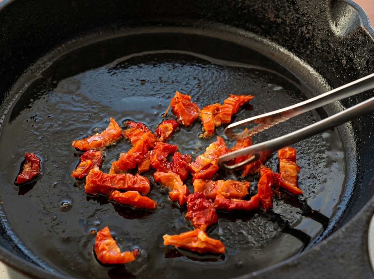 Chopped red sun-dried tomatoes sizzling in hot oil inside a cast-iron skillet, being tossed with metal tongs.