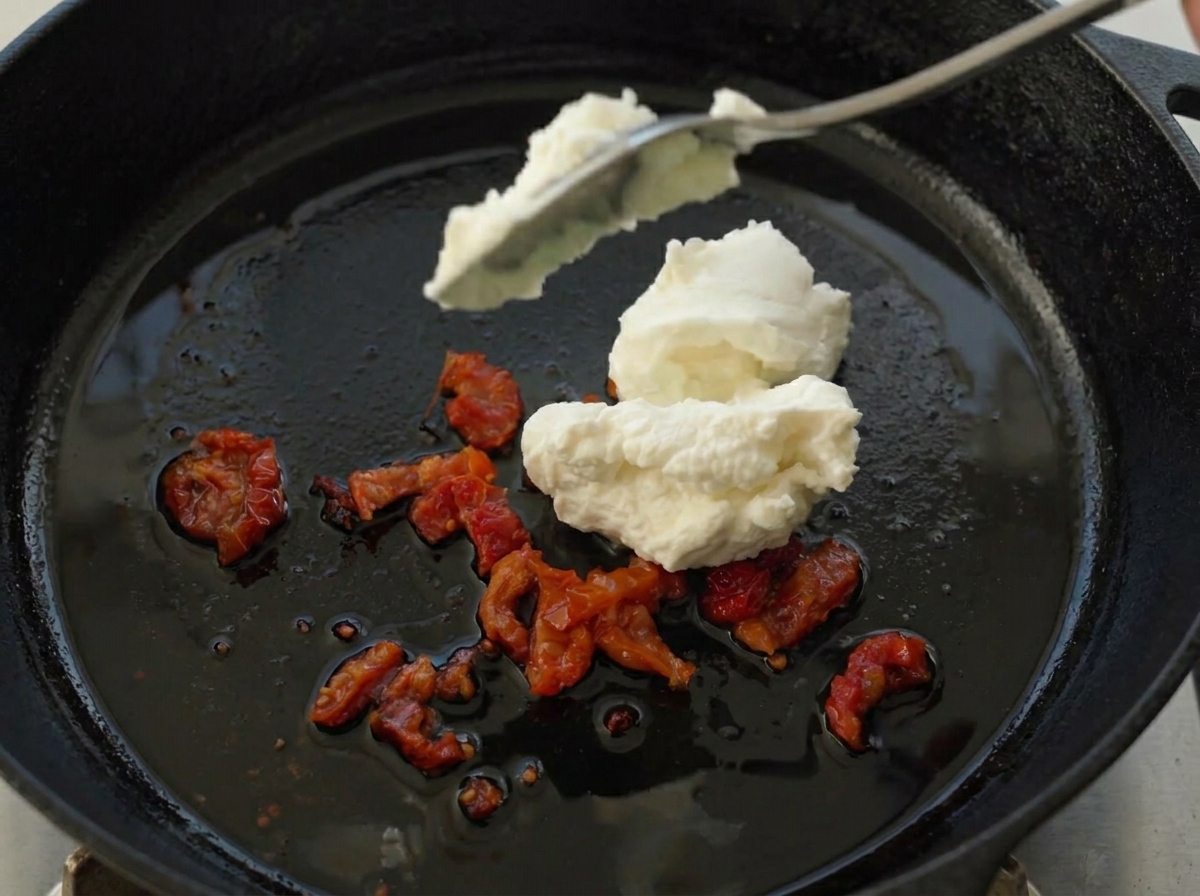 Adding two spoonfuls of white ricotta cheese to a skillet with fried sun-dried tomatoes.