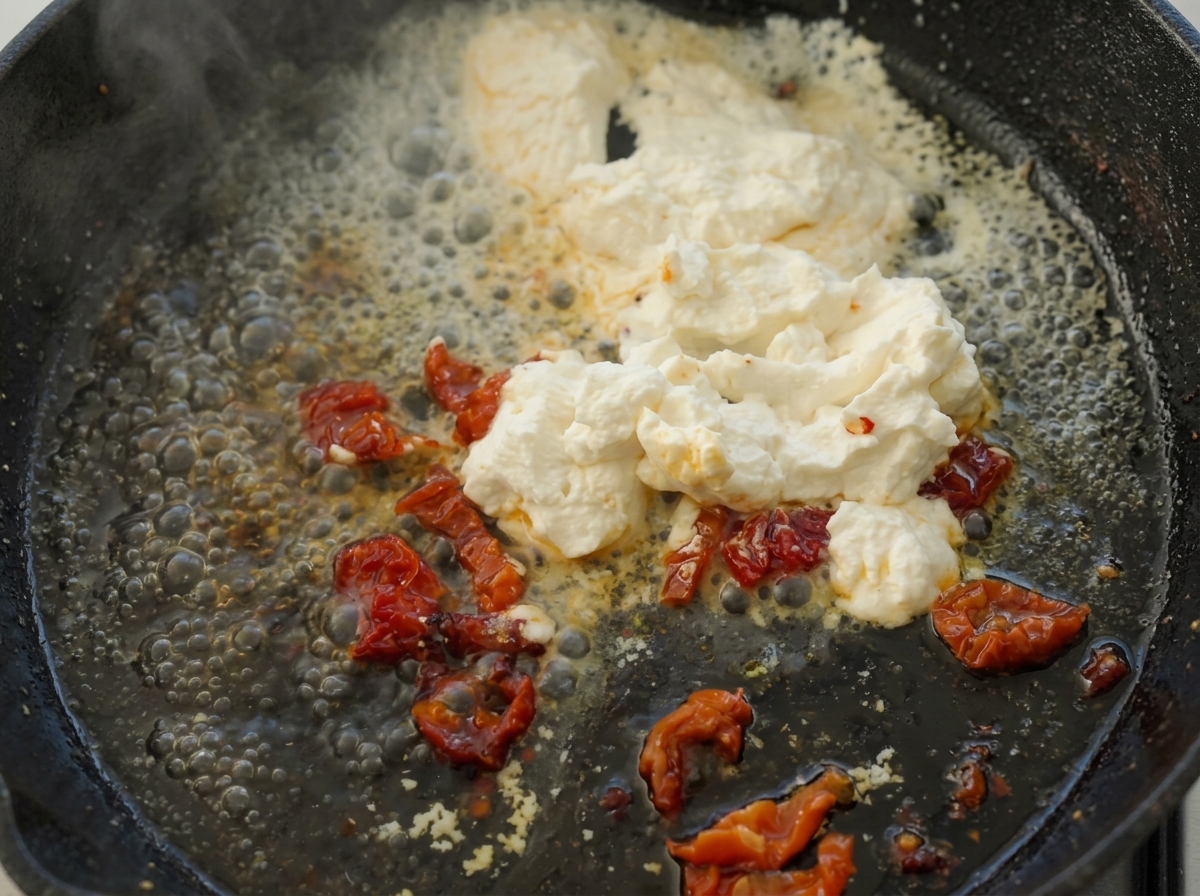 Ricotta cheese melting and mixing with sun-dried tomatoes in a simmering skillet.