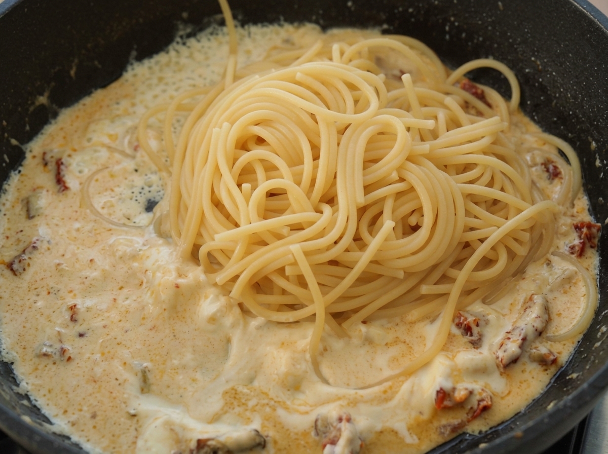 A mound of cooked spaghetti placed on top of a creamy sauce in a skillet.