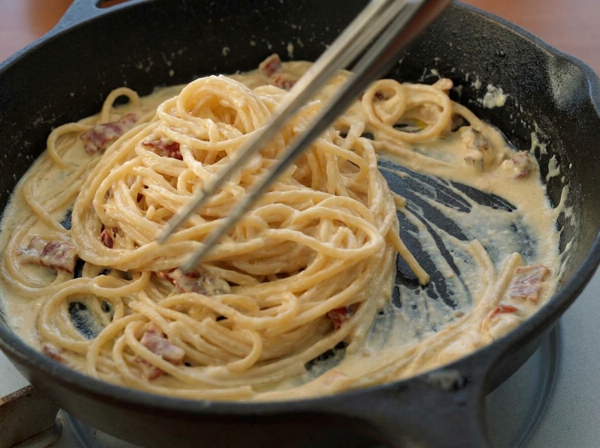 Using metal tongs to toss spaghetti in a creamy tomato sauce.