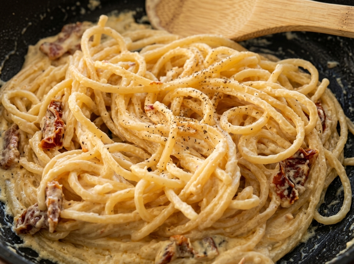 Close-up of creamy spaghetti topped with freshly ground black pepper.