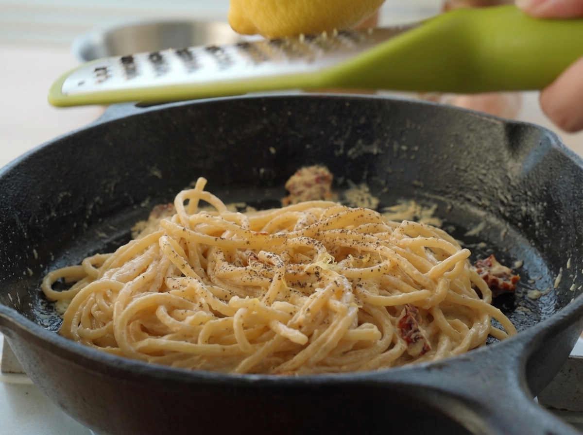 Grating fresh yellow lemon zest over a skillet of creamy spaghetti using a green microplane.