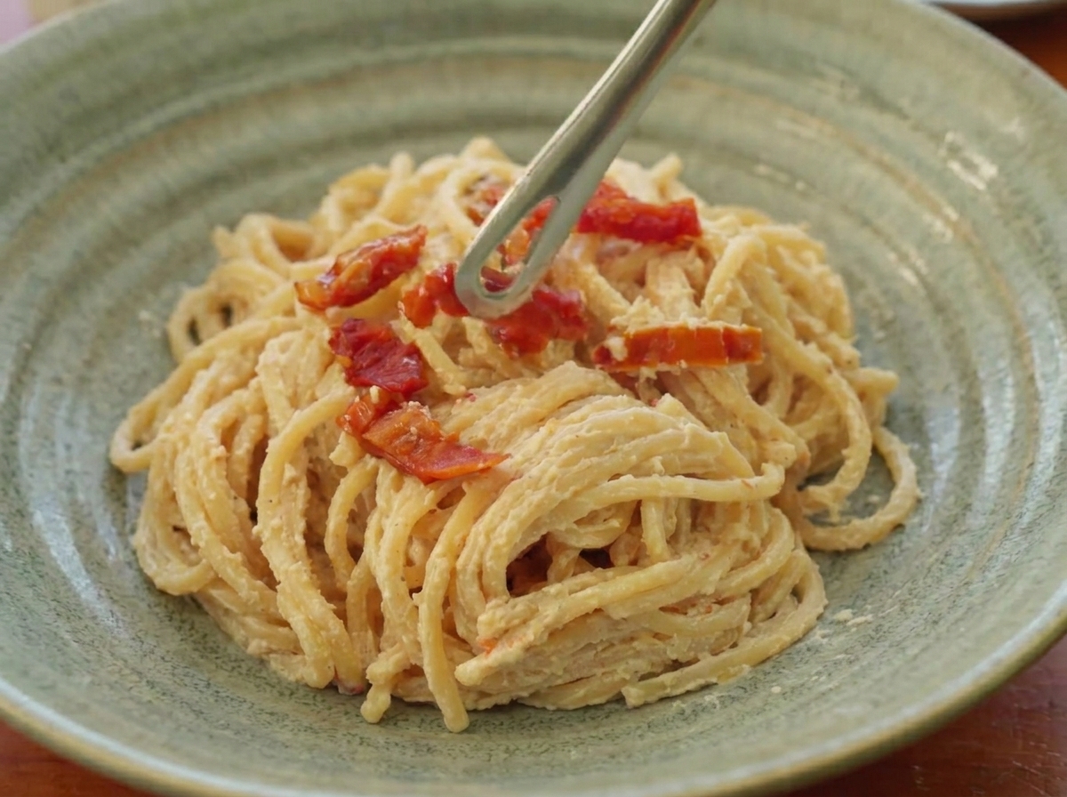 Silver cooking tongs gently placing pieces of red sun-dried tomato on top of creamy spaghetti in a rustic green bowl.