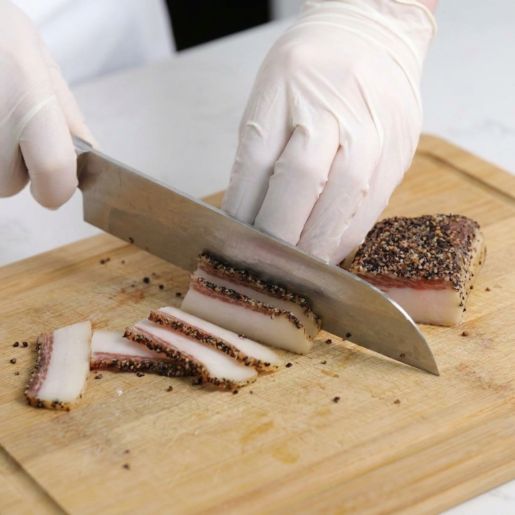 Hands wearing white gloves using a chefs knife to slice pepper-crusted guanciale into thick strips on a wooden cutting board.