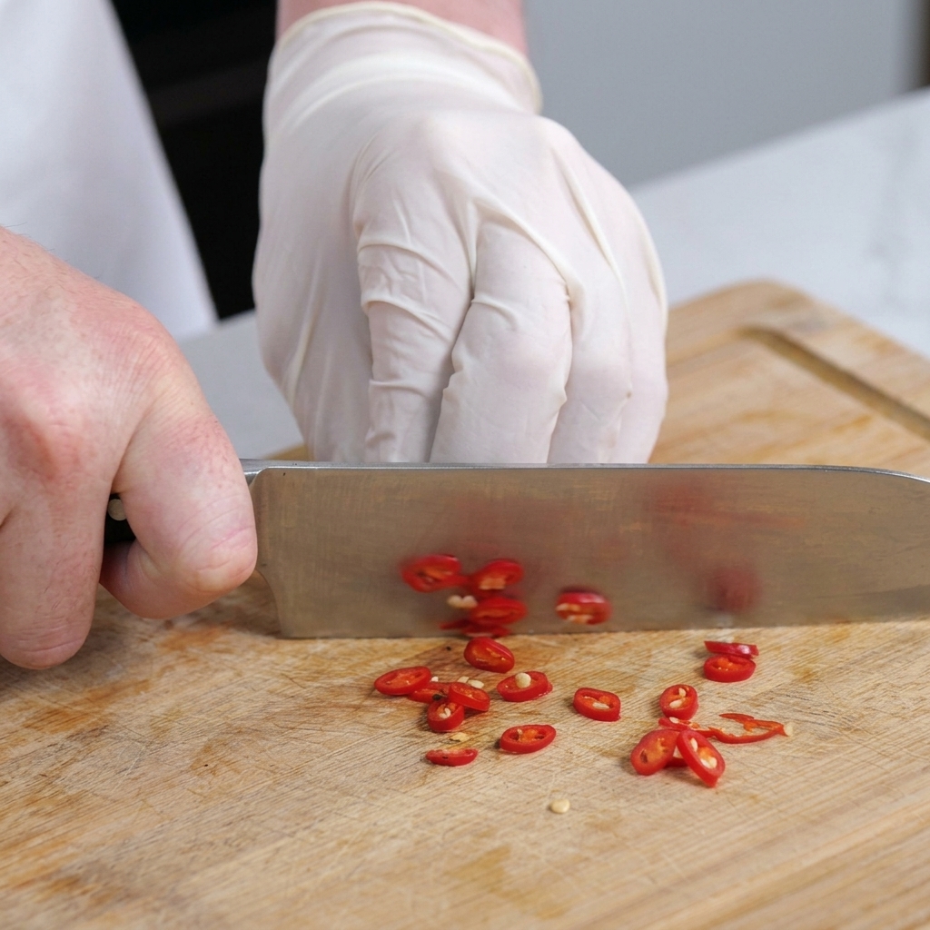 A hand holding a chefs knife, finely slicing small red chilies on a wooden cutting board.