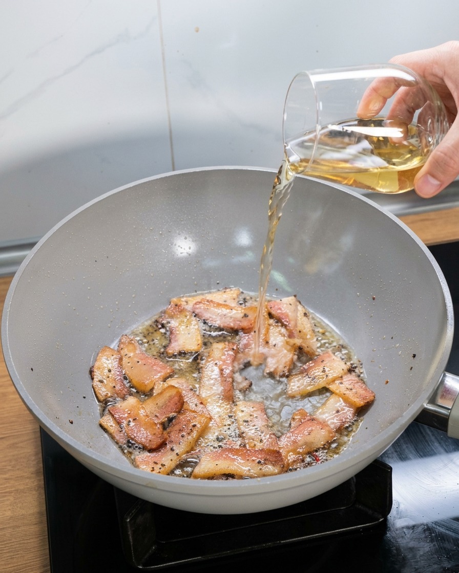 A hand pouring clear white wine from a glass directly into a hot pan filled with rendered guanciale.
