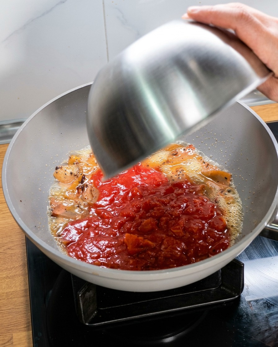 Pouring a bowl of crushed red tomatoes into a pan of cooked meat and rendered oil.