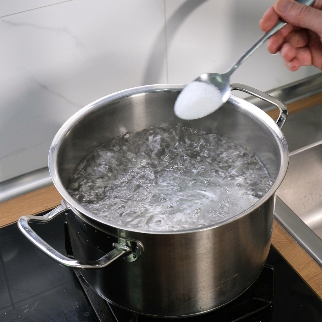 A hand holding a spoon, pouring white salt into a stainless steel pot filled with vigorously boiling water.