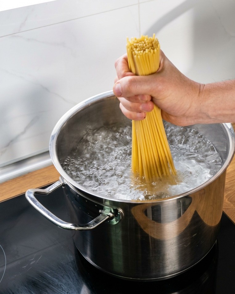 A hand holding a bundle of dry bucatini pasta vertically and placing it into a pot of rapidly boiling water.