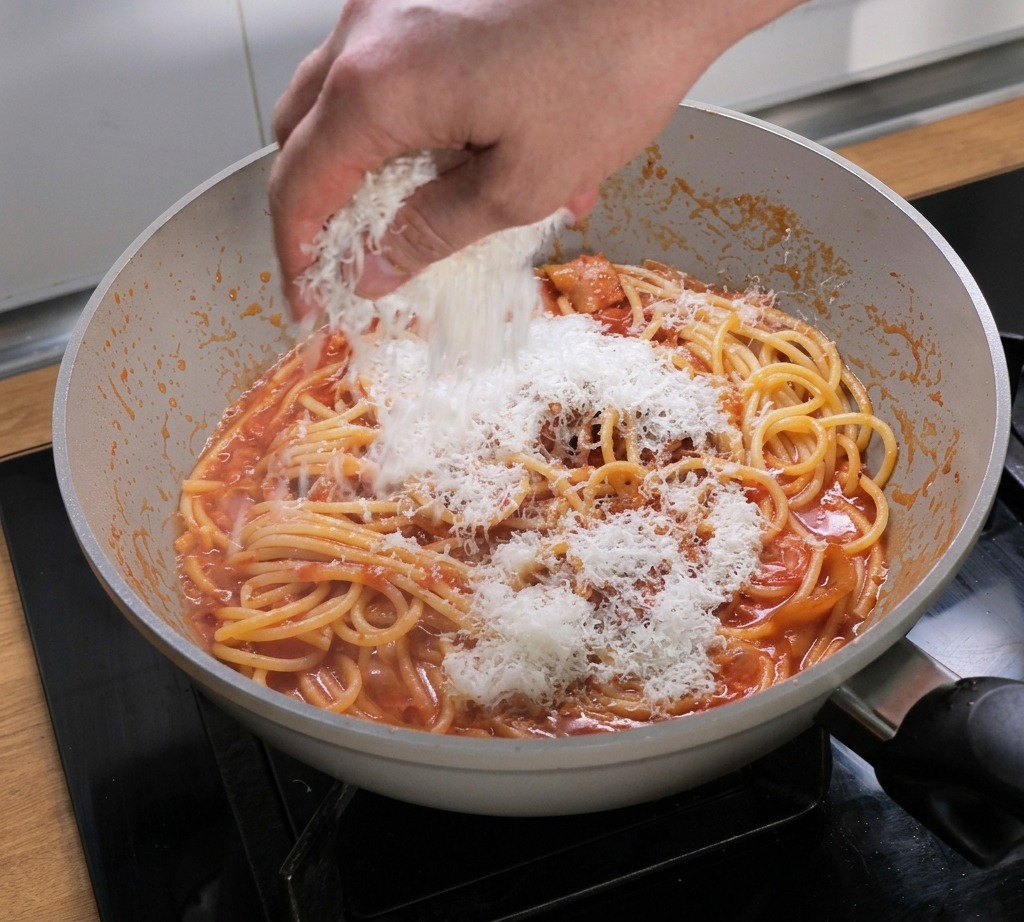 A hand sprinkling finely grated white cheese over cooked pasta mixed with red tomato sauce in a pan.