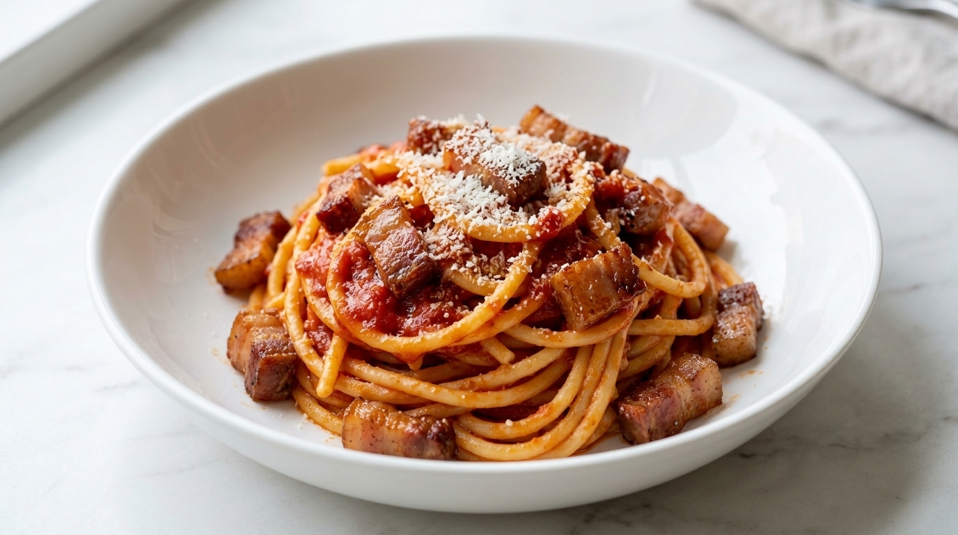 Classic Roman Pasta all'Amatriciana (Spicy Tomato & Guanciale)