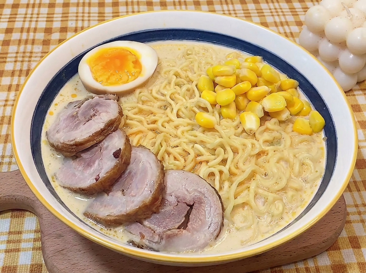 A bowl of ramen topped with chashu pork slices, a mound of bright yellow sweet corn, and a halved soft-boiled egg.