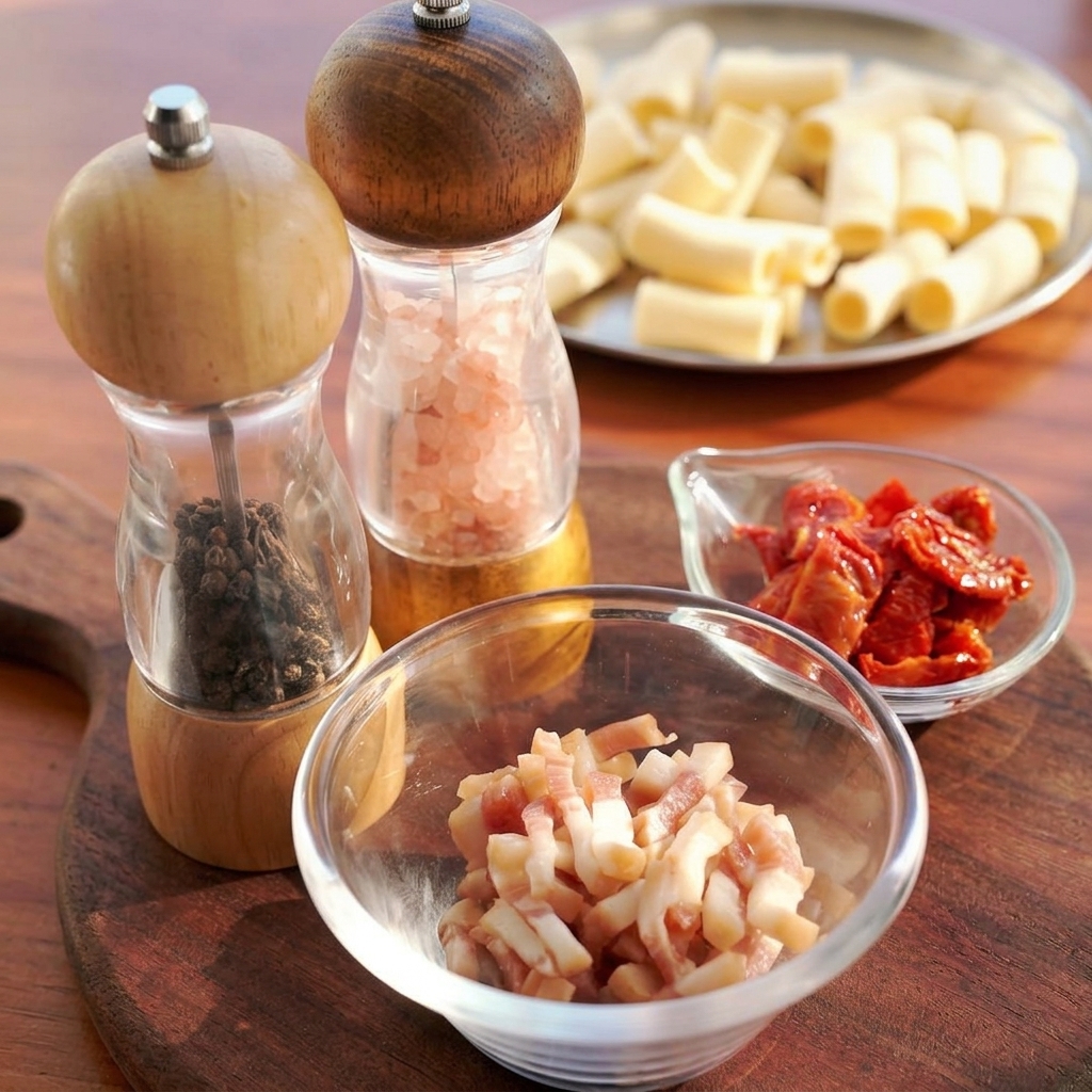 A small glass bowl filled with diced raw guanciale on a wooden board, surrounded by pasta and sun-dried tomatoes.