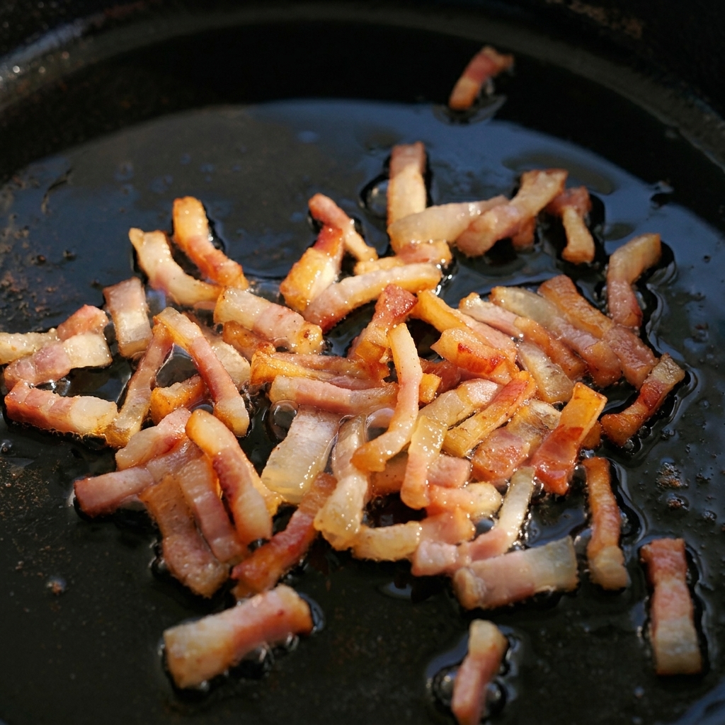Small pieces of guanciale sizzling and browning in rendered fat in a cast iron skillet.