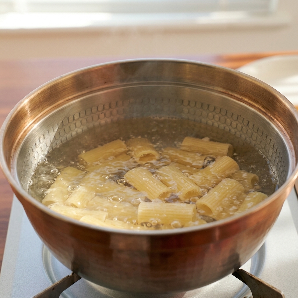 Rigatoni pasta boiling vigorously in a stainless steel pot on a stove.