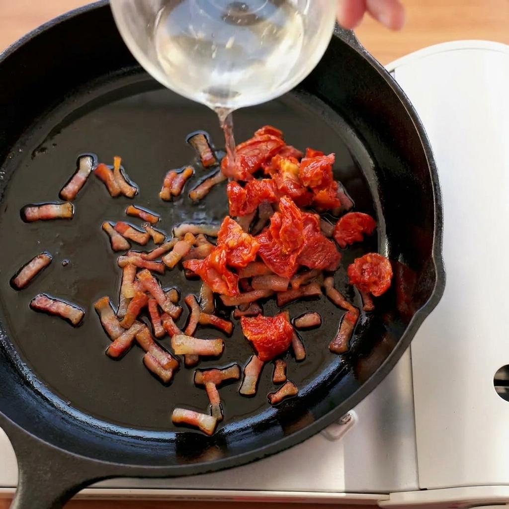 Sun-dried tomatoes and crispy guanciale cooking together in a cast iron skillet.