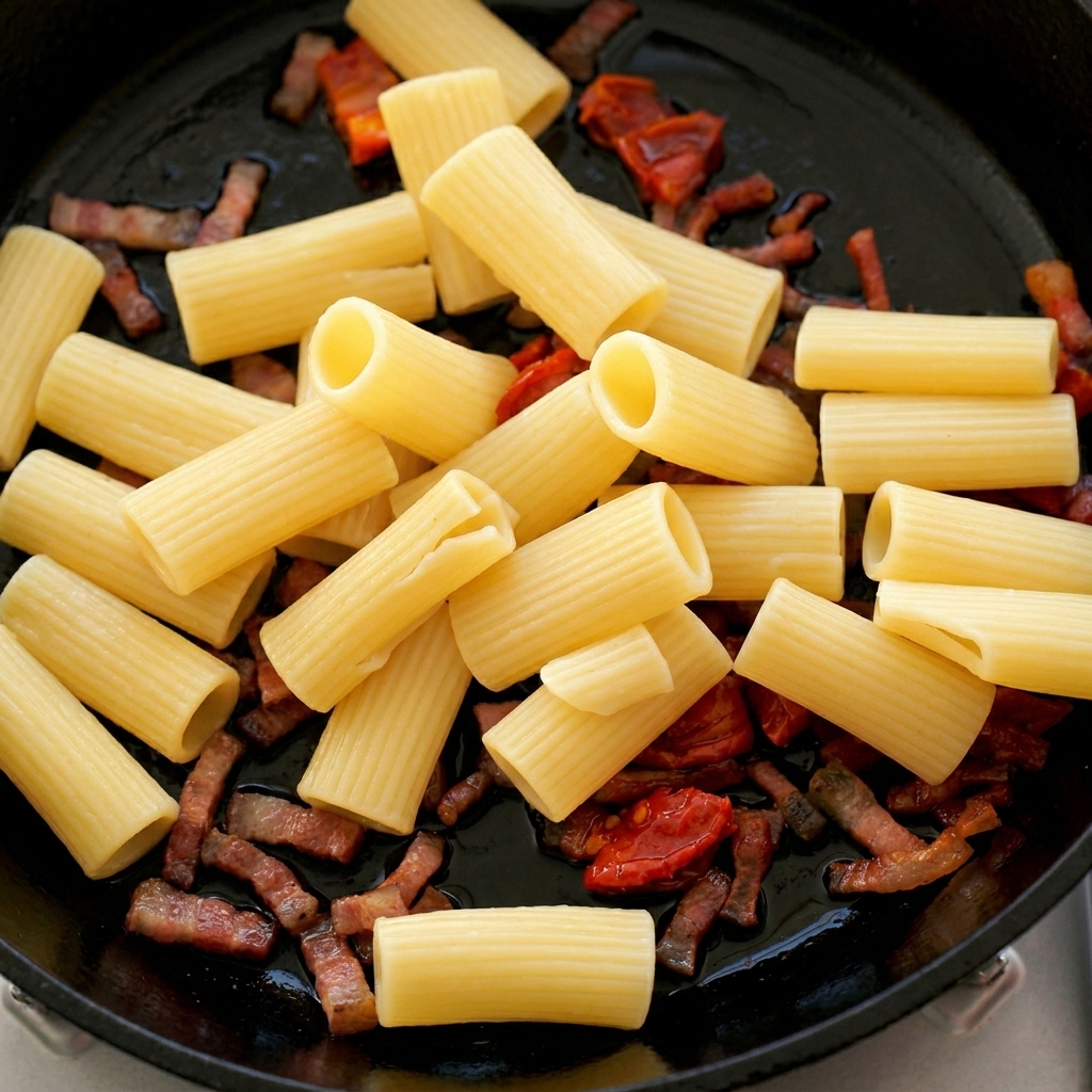 Boiled rigatoni pasta being added to a cast iron skillet containing browned guanciale and sun-dried tomatoes.