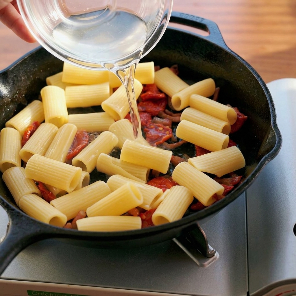 Pouring starchy pasta water from a glass bowl into a skillet of rigatoni, guanciale, and sun-dried tomatoes.