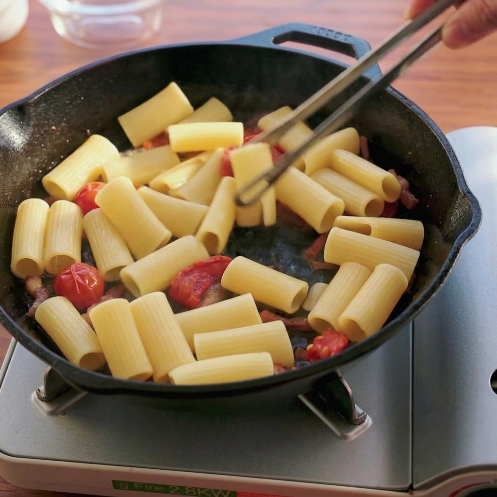 Tongs mixing rigatoni pasta with sun-dried tomatoes and guanciale in a black skillet.