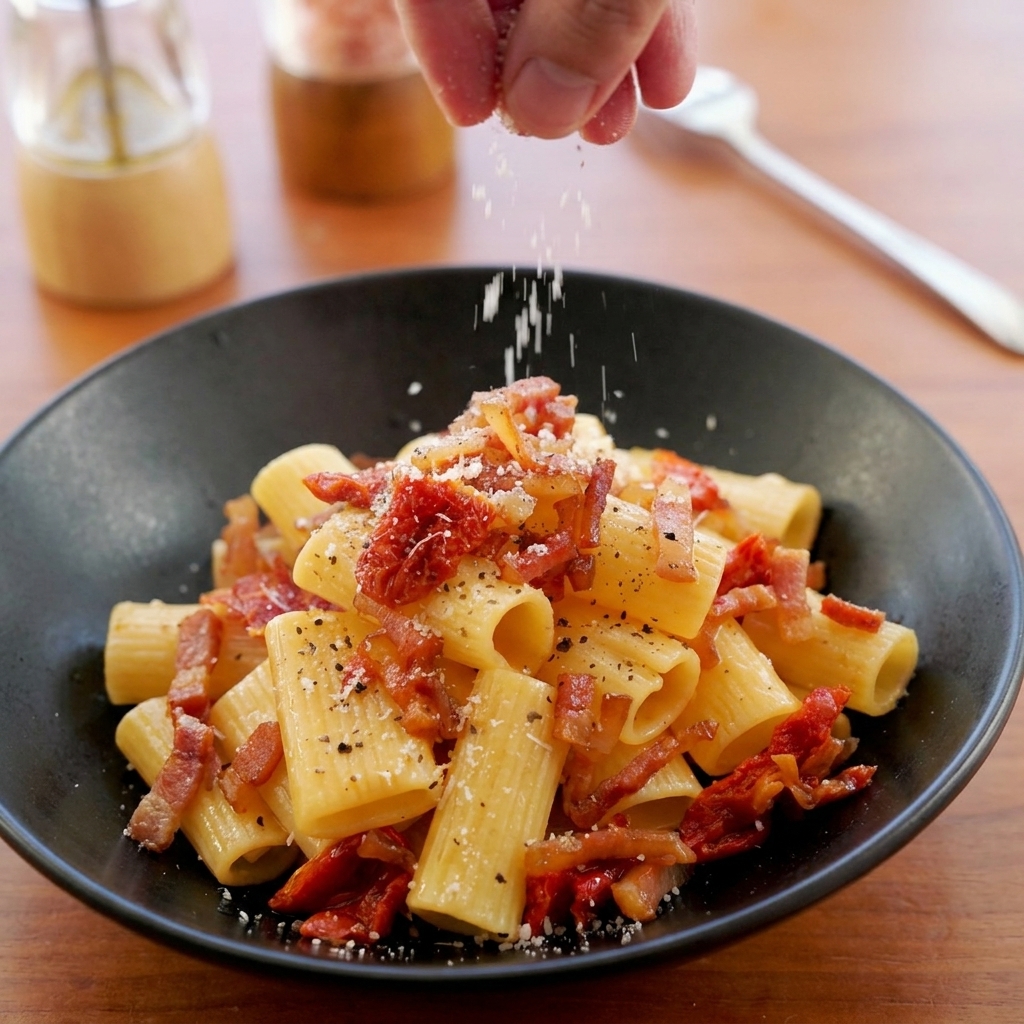 A hand sprinkling grated cheese over a plated bowl of rigatoni pasta with guanciale and sun-dried tomatoes.