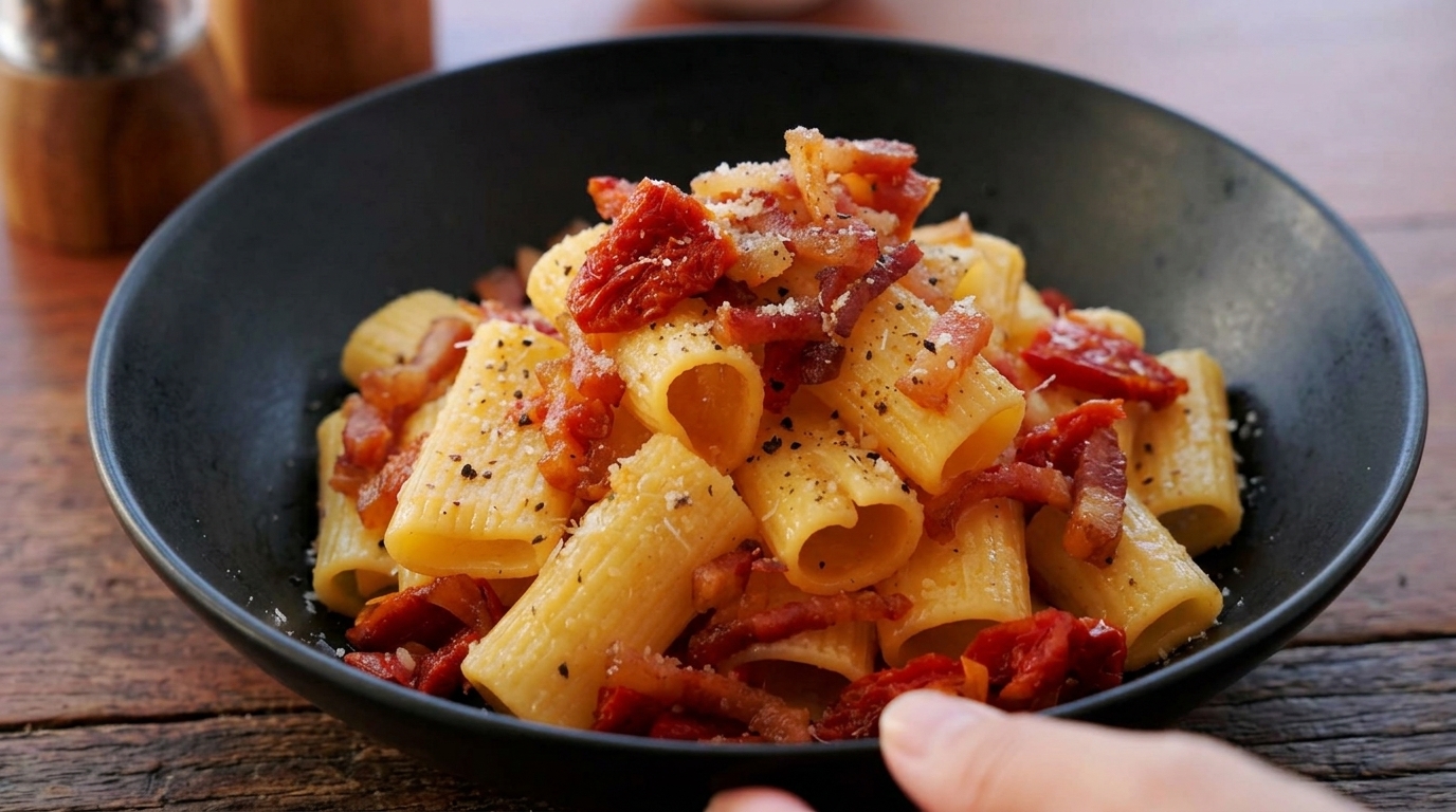 Classic Sun-Dried Tomato and Guanciale Rigatoni