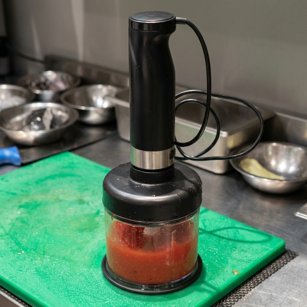 A black hand blender submerged in a container of bright red pureed tomatoes on a green cutting board.
