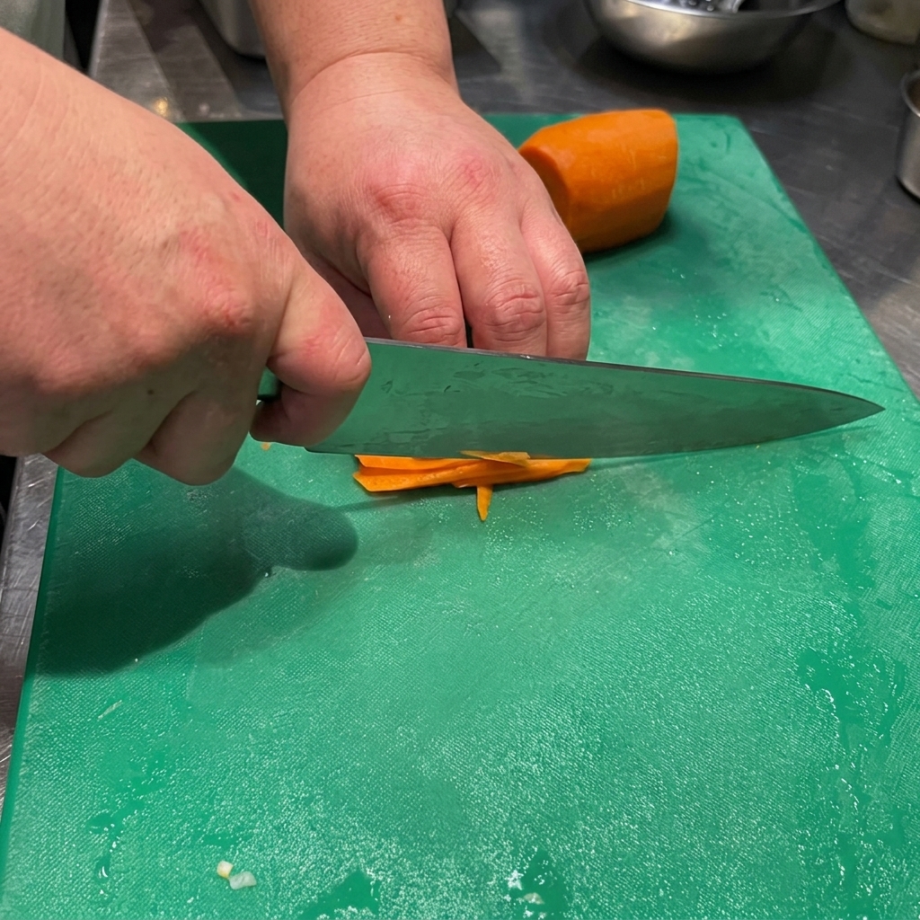 Chefs hands using a large knife to finely chop bright orange carrots on a green cutting board.