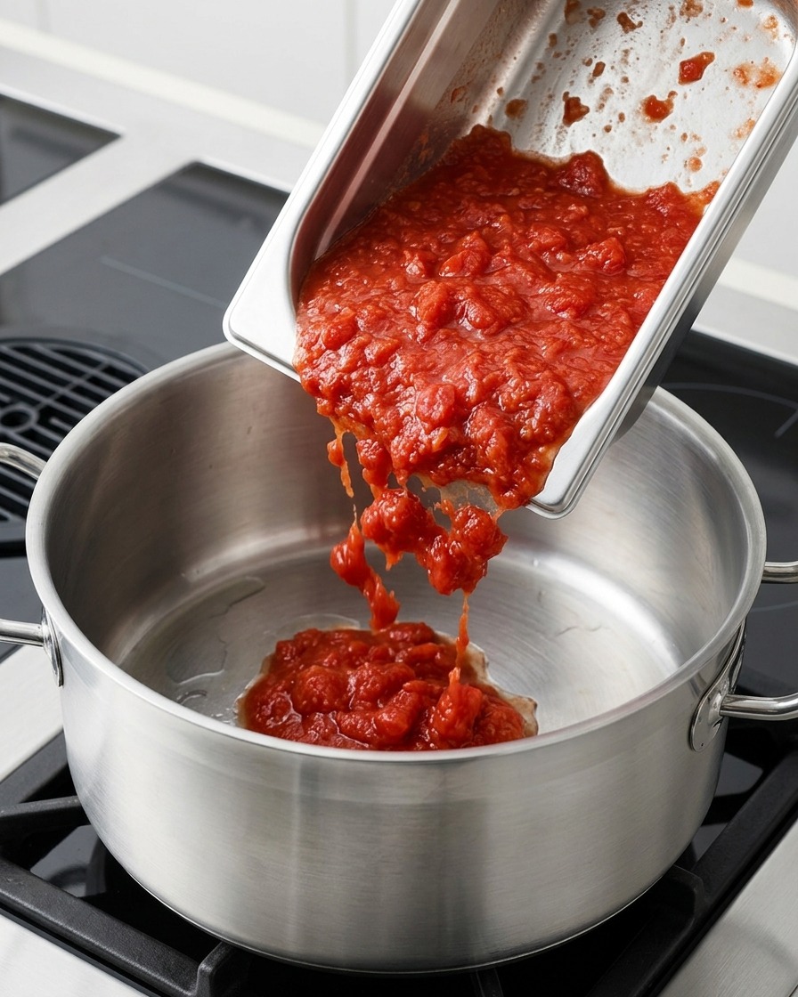 Bright red tomato puree being poured from a rectangular metal container into a stainless steel pot on a stove.