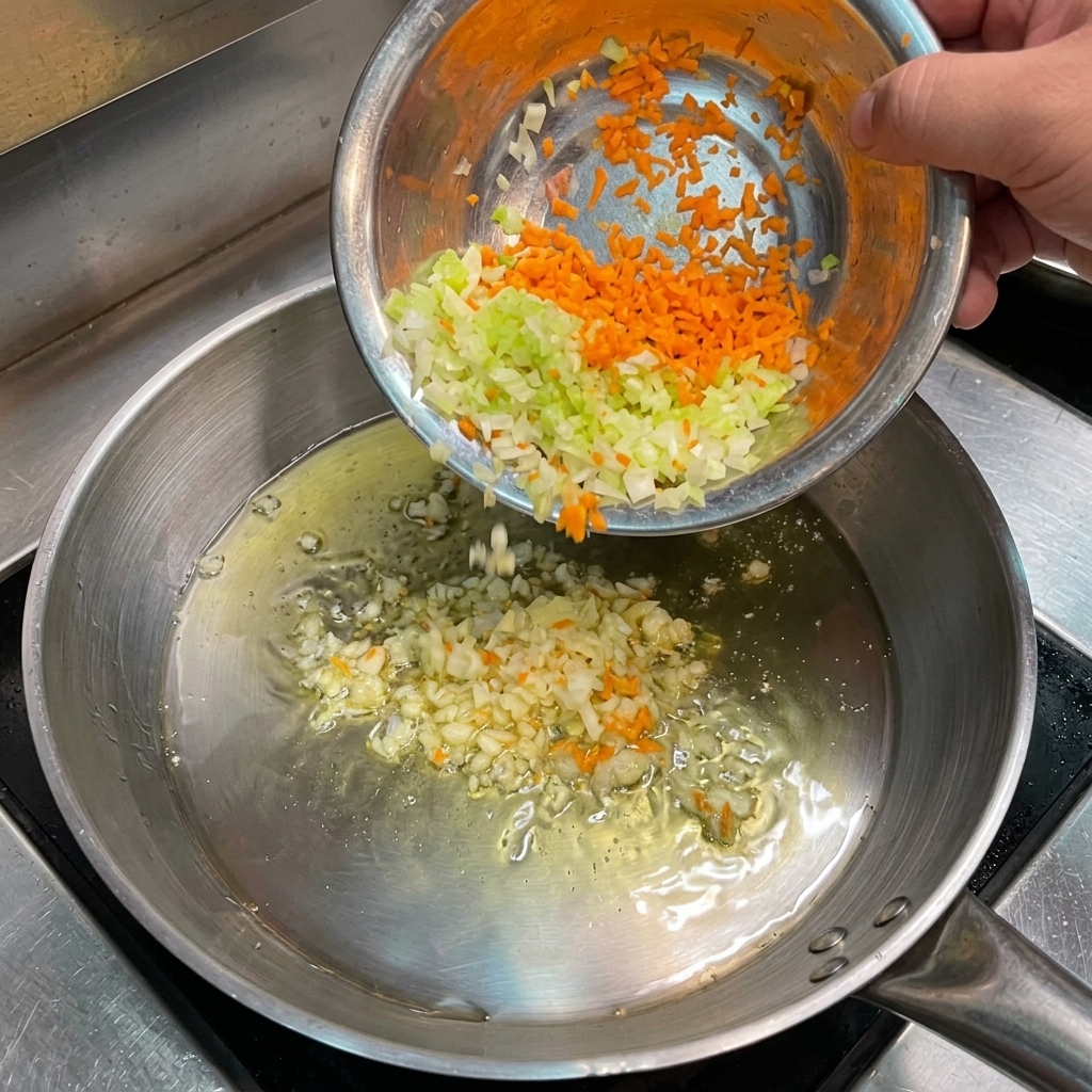 Finely chopped carrots, celery, and onions being poured from a small metal bowl into a hot frying pan with sizzling garlic.