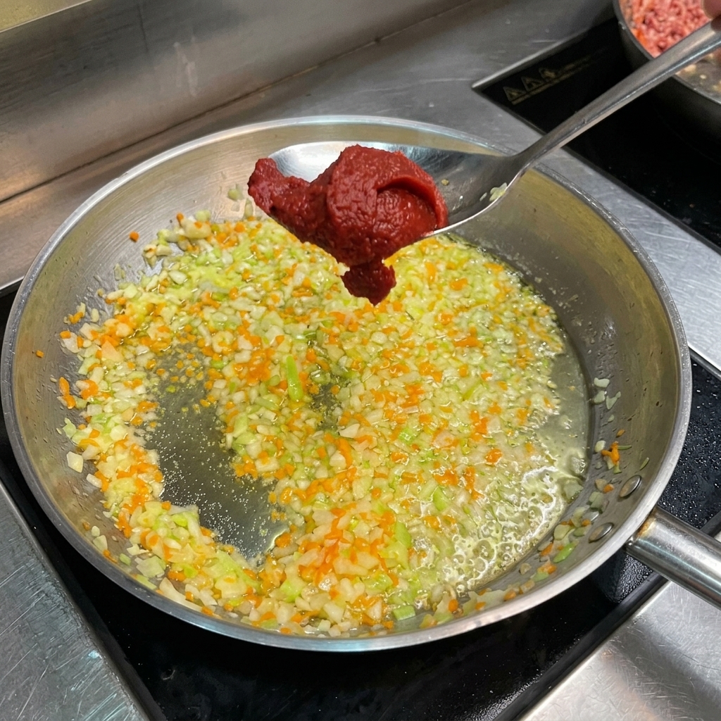 A spoonful of thick, dark red tomato paste held over a pan of sizzling finely chopped vegetables.