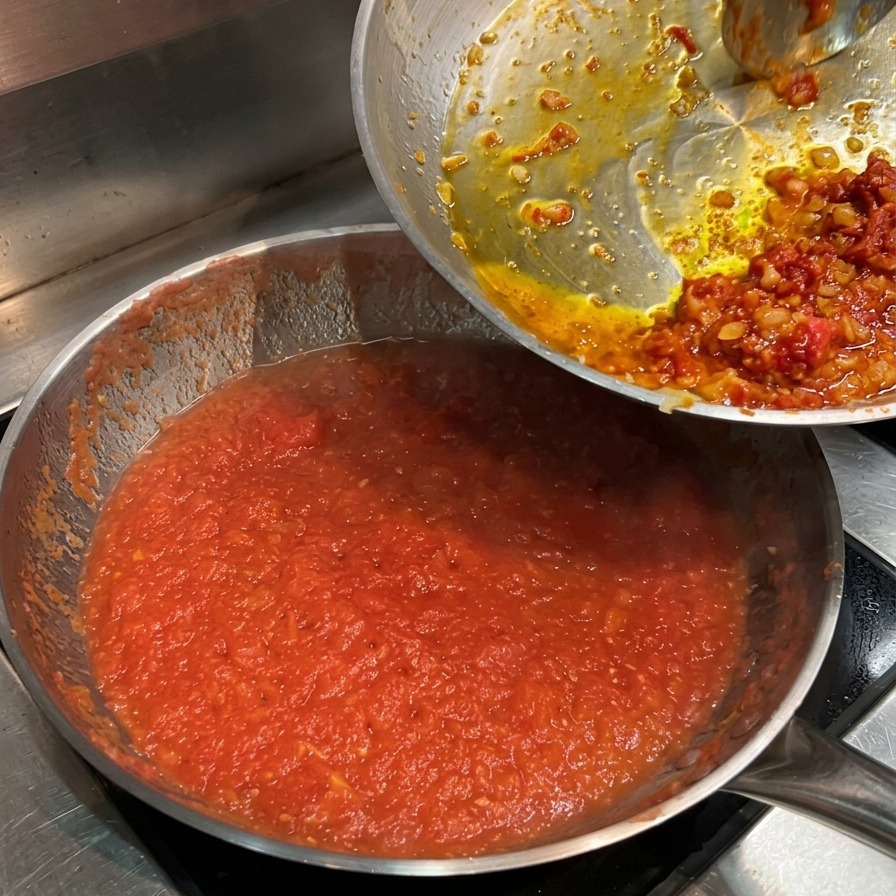 Scraping a sautéed finely diced vegetable mixture from a skillet into a large pan of simmering red tomato puree.