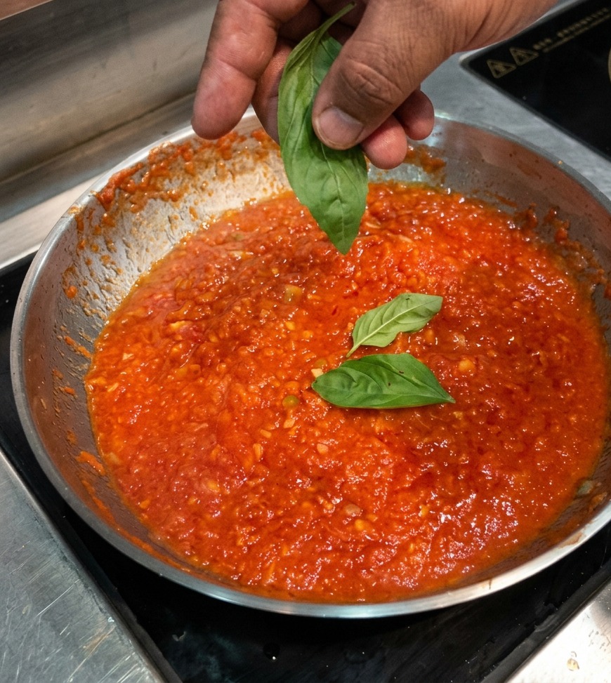 A hand dropping fresh bright green basil leaves into a wide pan of simmering chunky tomato sauce.
