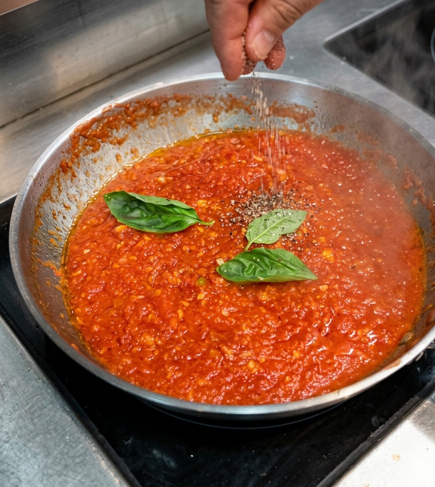 A hand sprinkling salt and black pepper from above onto a simmering tomato sauce garnished with fresh basil leaves.