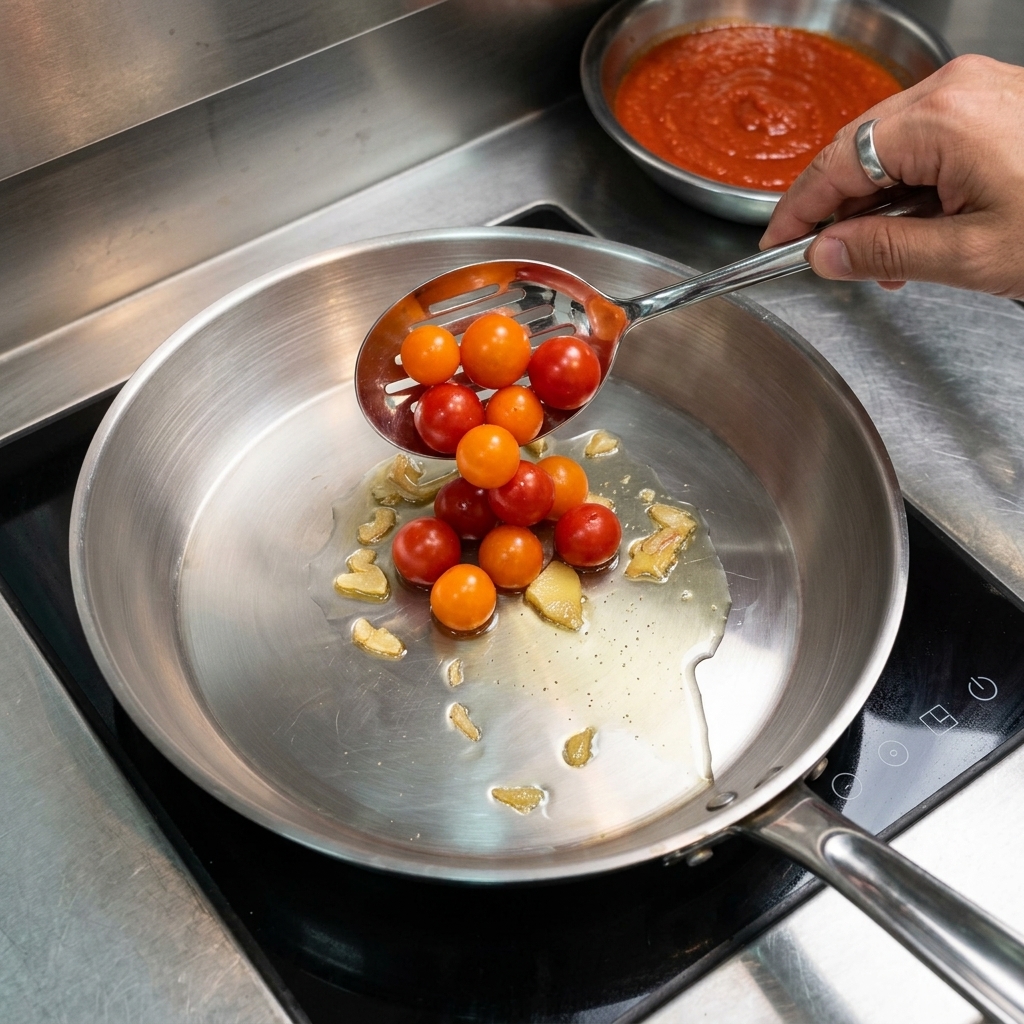 A slotted spoon dropping bright red and orange cherry tomatoes into a wide stainless steel pan containing heated oil.