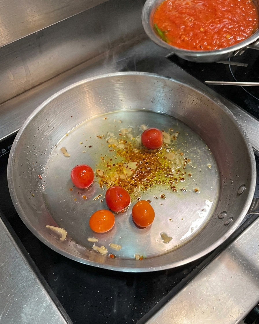 Pouring vibrant red tomato sauce from a smaller bowl into a pan containing cooked cherry tomatoes and chili flakes.