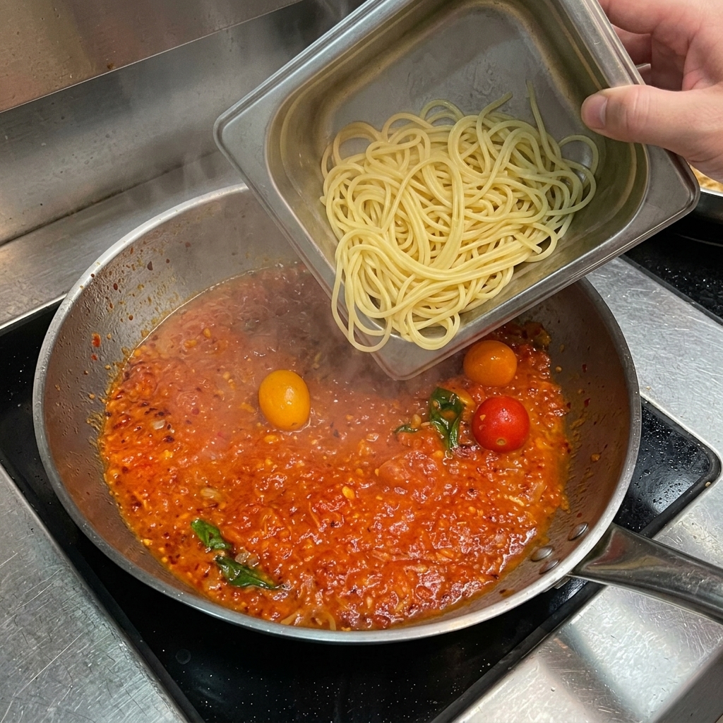 Cooked spaghetti being added from a square metal container into a pan of bubbling red tomato sauce.