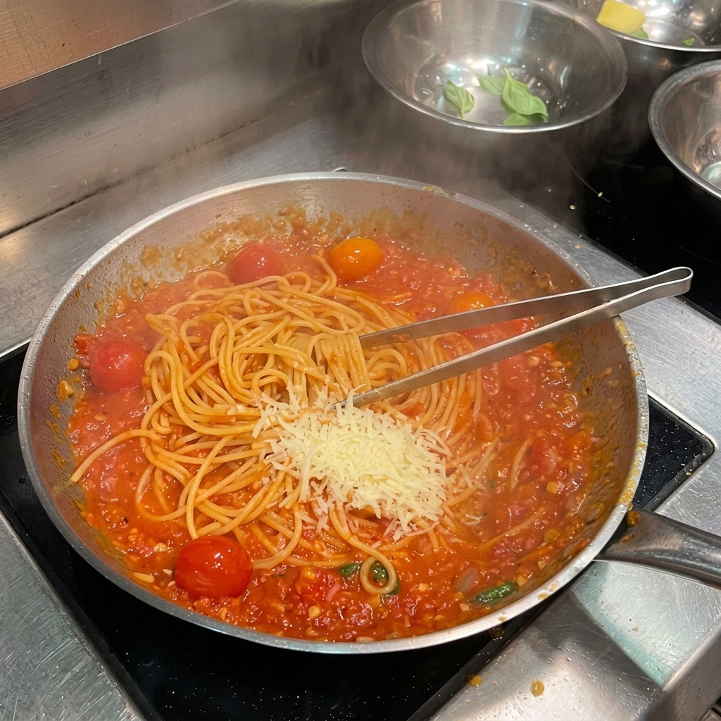 Spaghetti in tomato sauce topped with grated parmesan cheese and a small piece of butter.