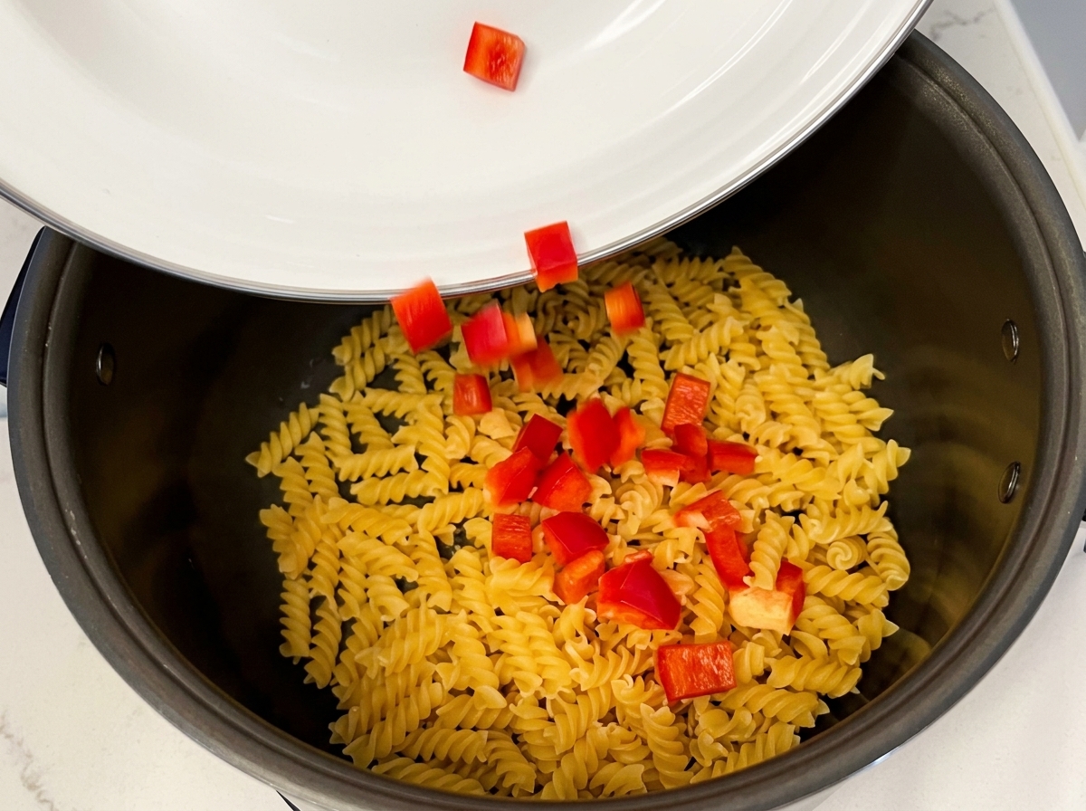 Diced red bell peppers falling from a white plate into a rice cooker pot filled with dry fusilli pasta.