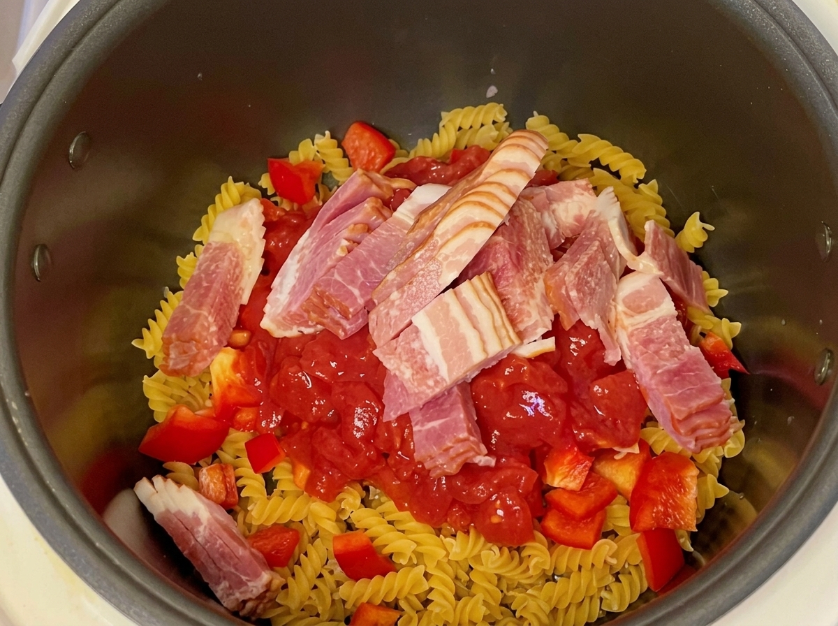 Thick slices of raw bacon resting on top of diced tomatoes, bell peppers, and dry fusilli pasta in a rice cooker pot.
