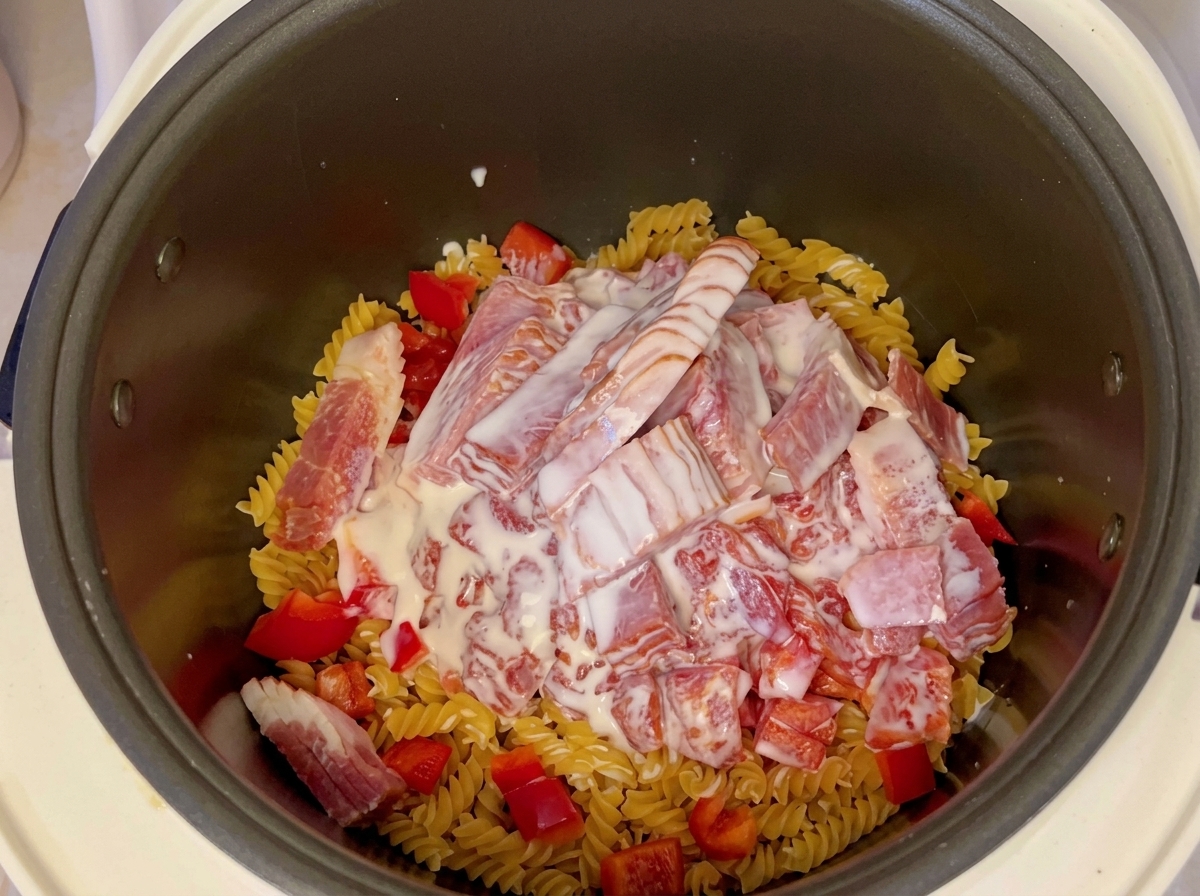 Milk being poured over slices of raw bacon, diced tomatoes, and fusilli pasta inside a rice cooker pot.