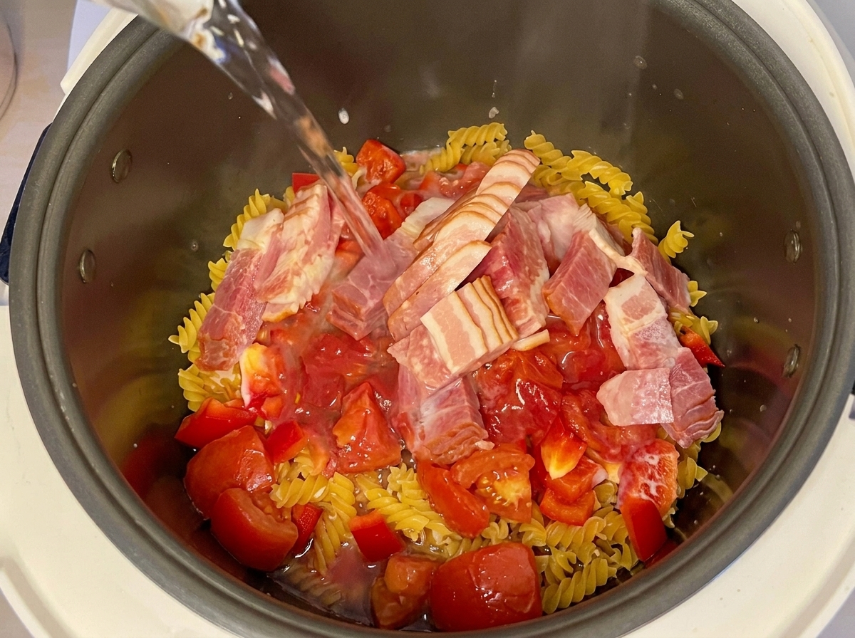 Hot water being poured into a rice cooker pot containing dry pasta, tomatoes, raw bacon, and milk.