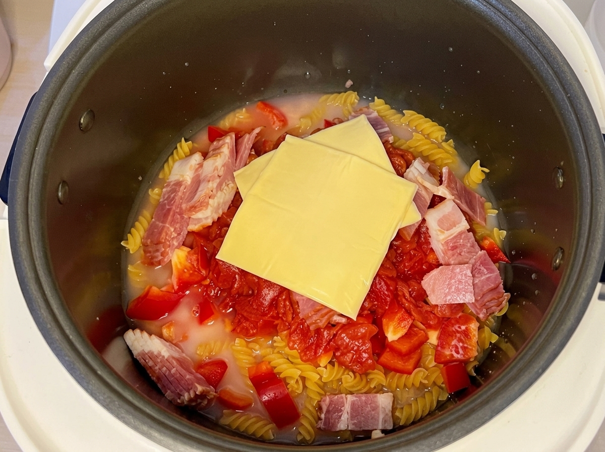 Two slices of processed cheese resting on top of uncooked fusilli pasta, tomatoes, bell peppers, and bacon in a liquid-filled rice cooker pot.
