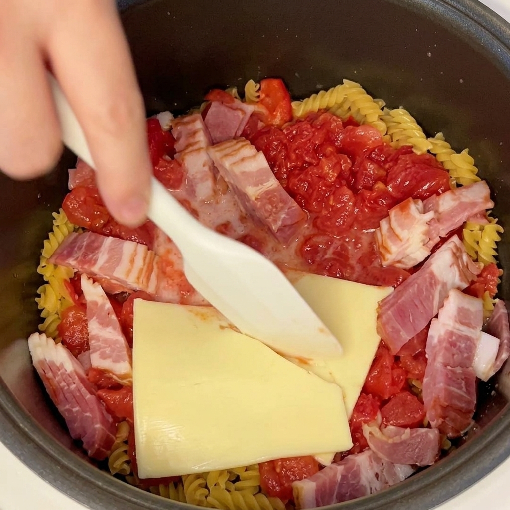A hand using a white spatula to stir uncooked pasta, bacon strips, tomatoes, and cheese slices in a rice cooker.