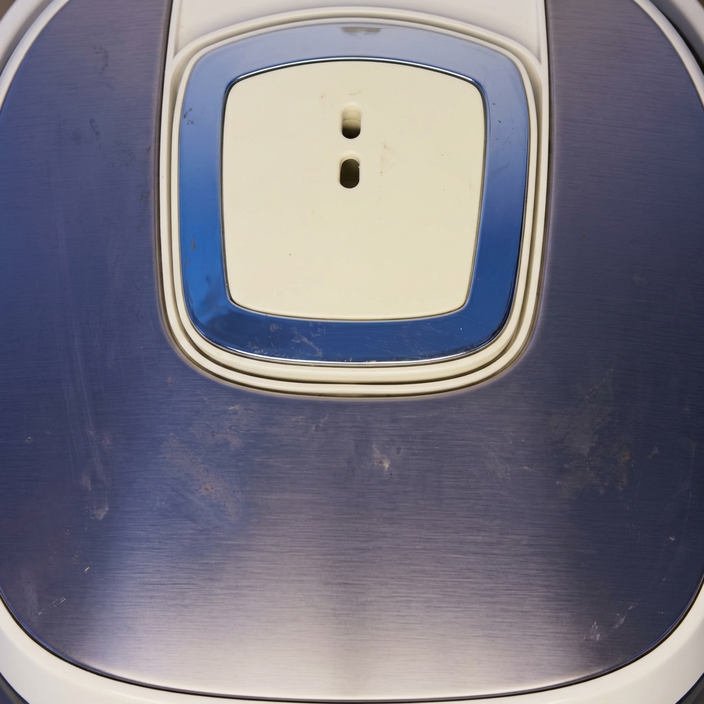 The top panel and closed lid of a blue and white modern rice cooker.
