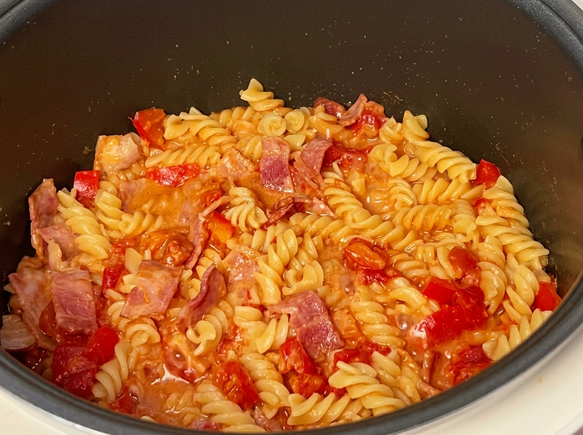 Fully cooked fusilli pasta in a rich tomato sauce with visible pieces of bacon inside the rice cooker pot.