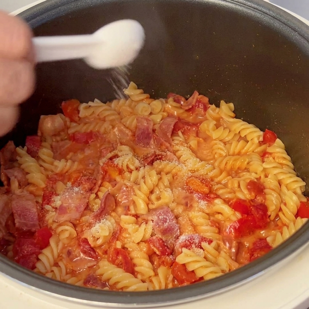 A hand holding a small white spoon, sprinkling salt over the cooked tomato and bacon pasta in the pot.